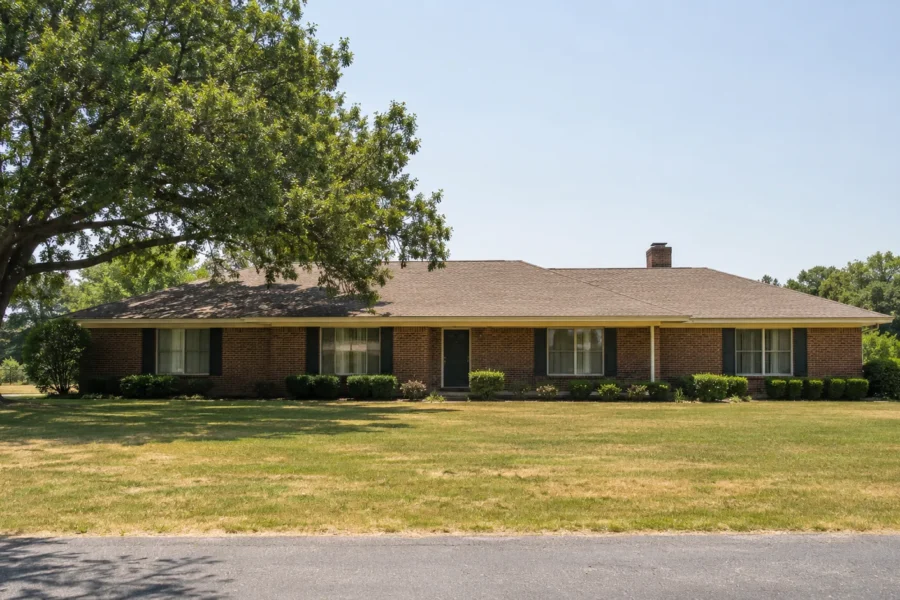 A long brick ranch house set back on a wide lawn under a clear sky