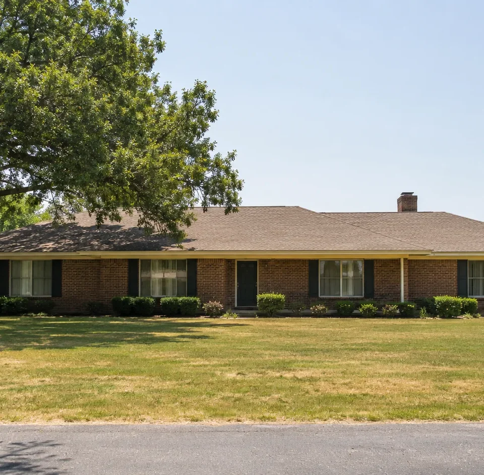 A low brick ranch house on a broad lawn with a large shade tree