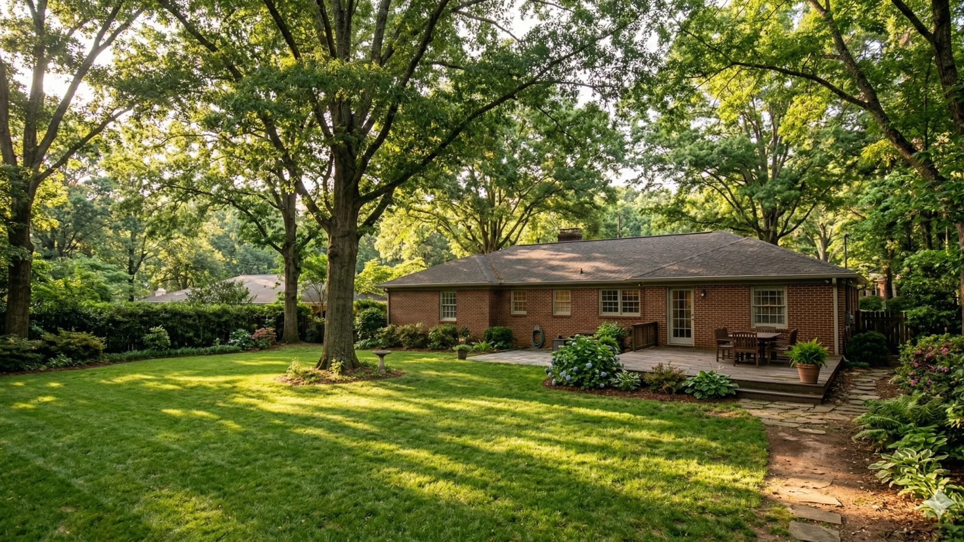 A single story brick house seen across a large back lawn shaded by mature trees