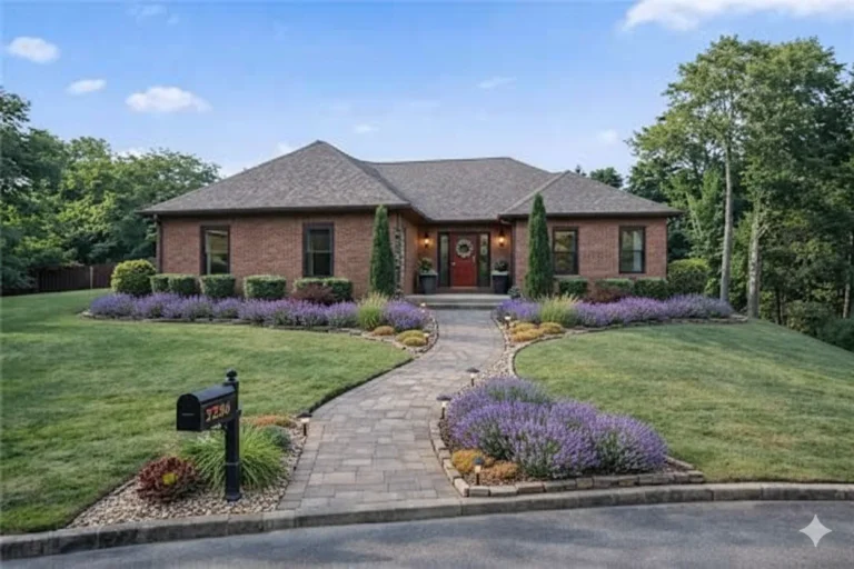 A brick ranch house with a paved walk through lavender beds