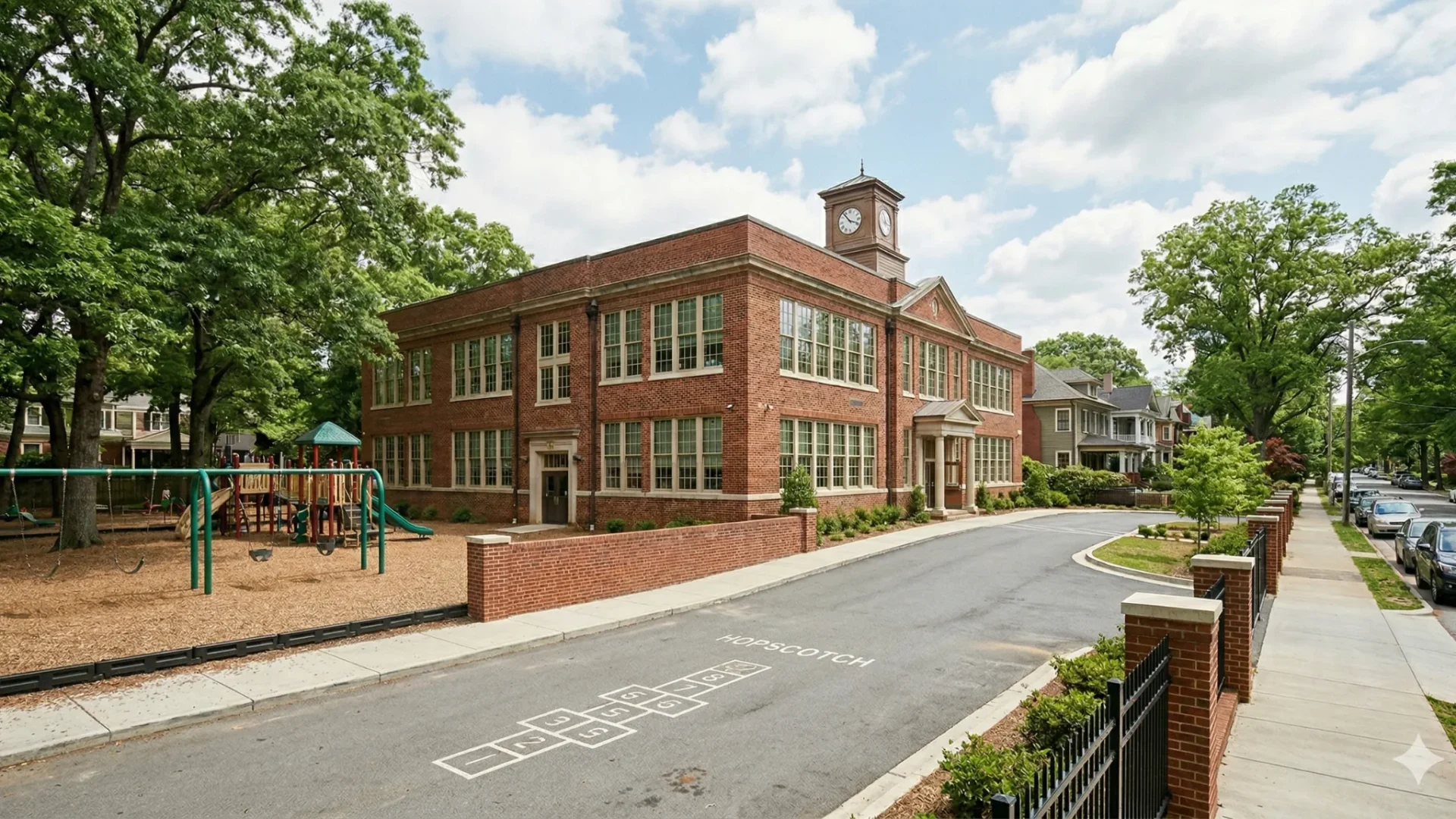 A historic brick school building with a clock tower beside a playground on a residential street