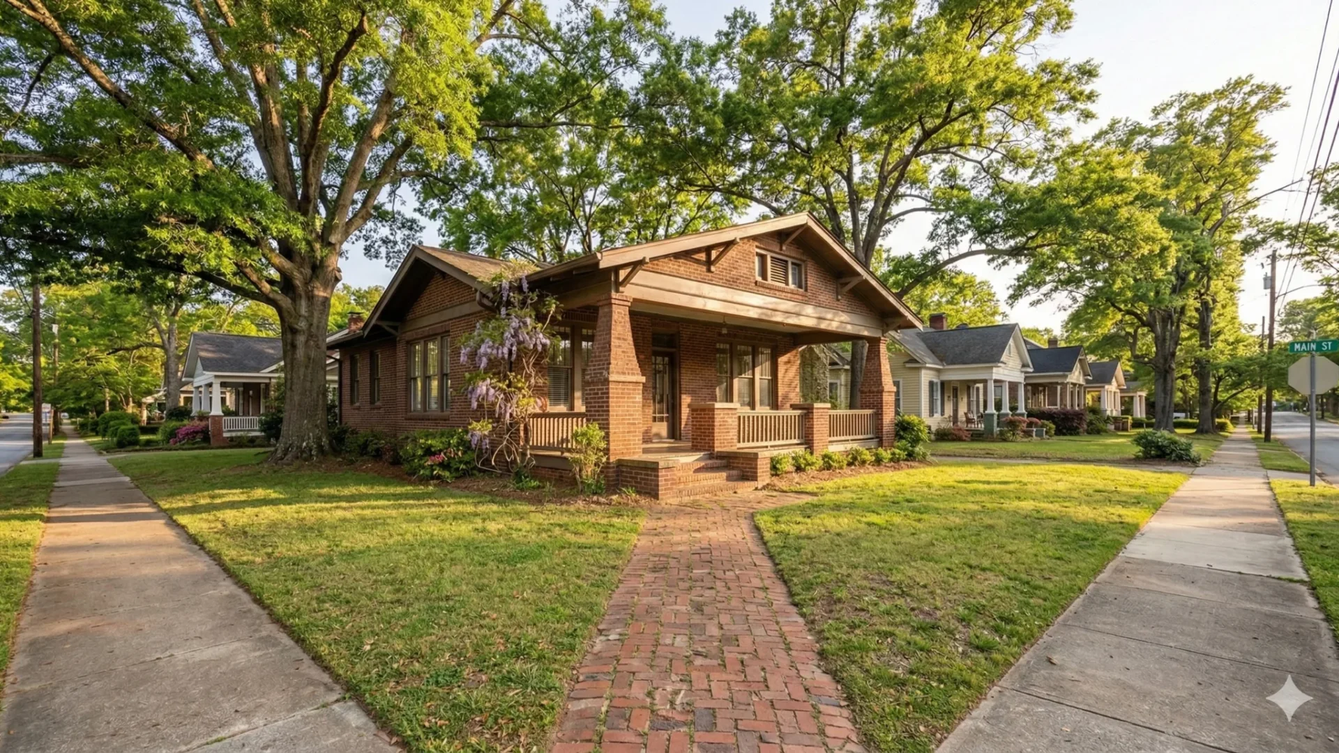A brick and shingle bungalow with a herringbone brick path across the lawn