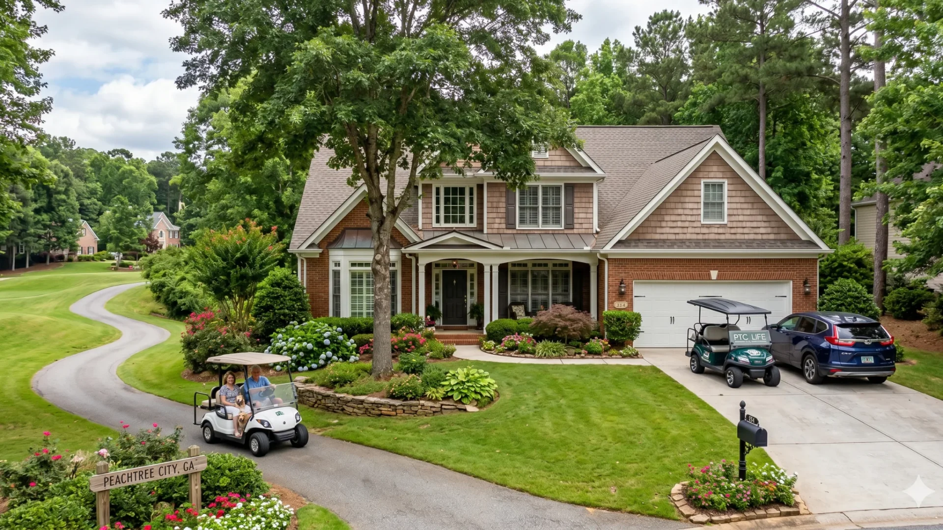 A brick and shingle house with cars and a golf cart on a curving drive