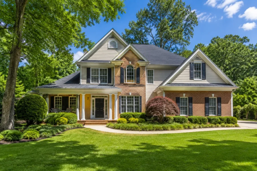 A two-storey brick and siding house with black shutters and mature front landscaping