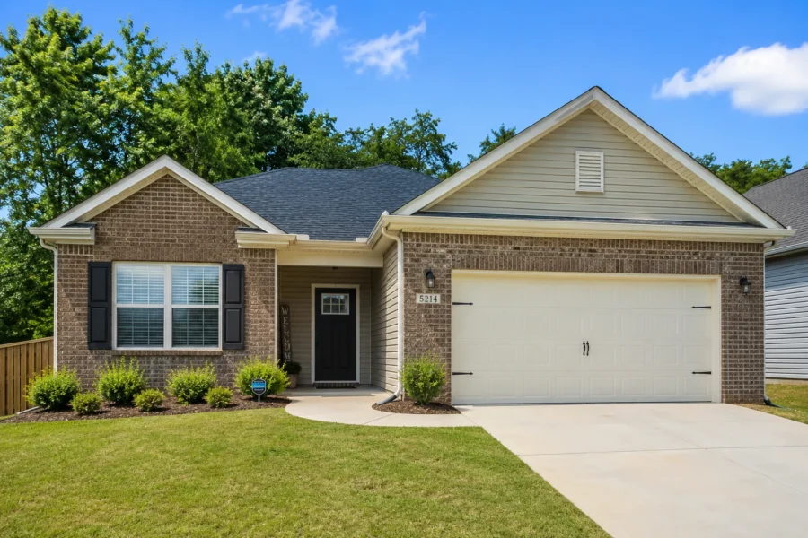 A single story brick and siding house with an attached two car garage and a concrete driveway
