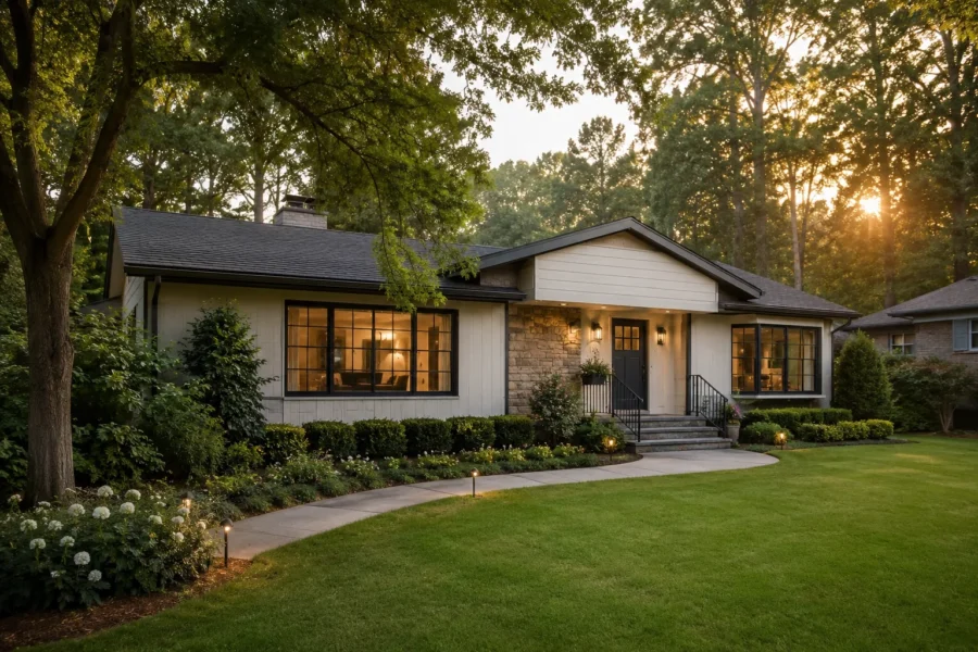 A brick and siding ranch house with landscaped beds and sunlight through mature trees