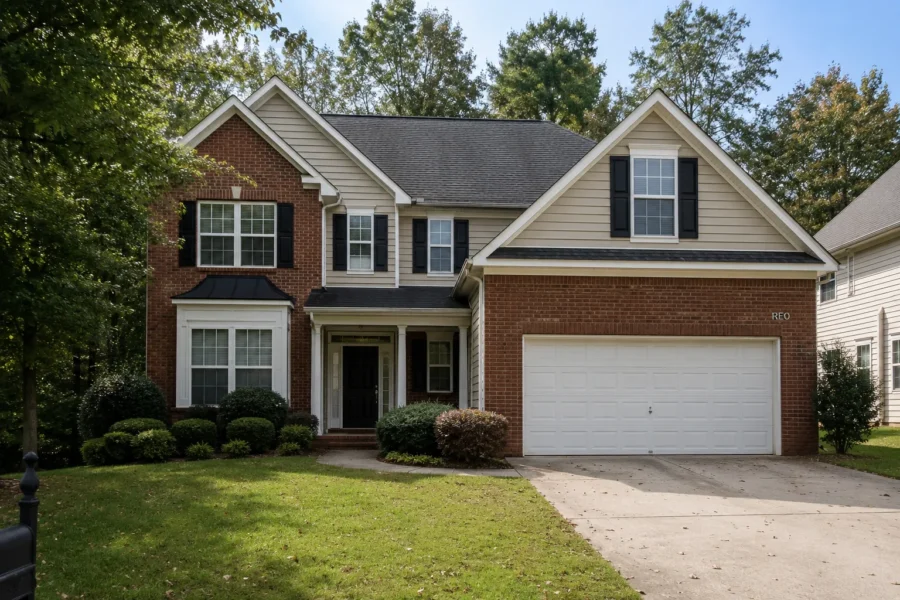 A brick and siding two-storey house with a two-car garage and a short drive