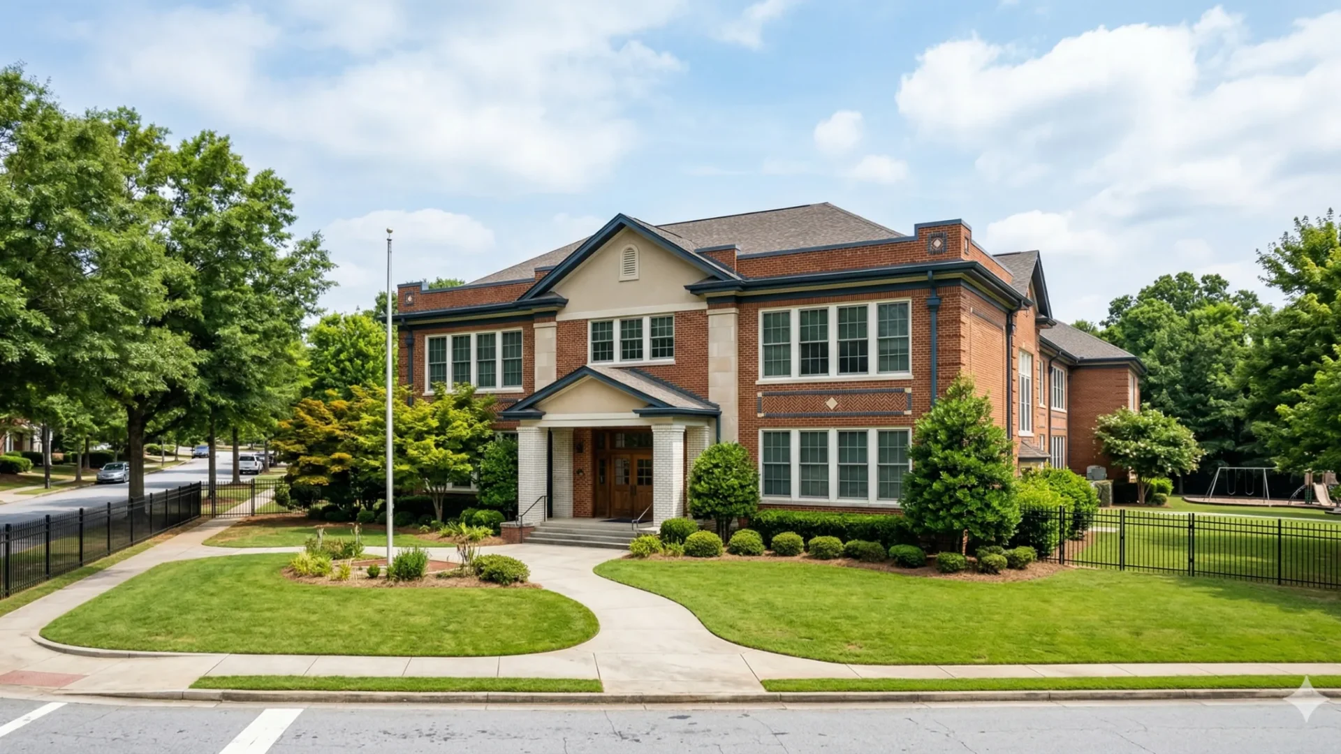 A large brick and stone house with a circular drive on a corner lot