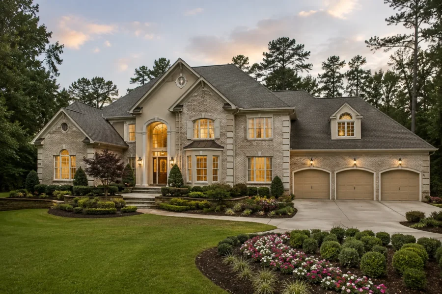 A large brick and stone house lit at dusk with a three-car garage and clipped hedges