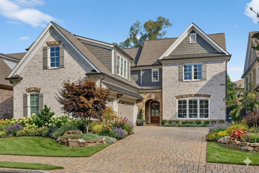 A brick and stone house with steep gables above a paver drive and planted beds