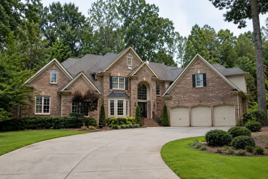 A large brick and stone house with multiple gables and a three-car garage on a curved driveway