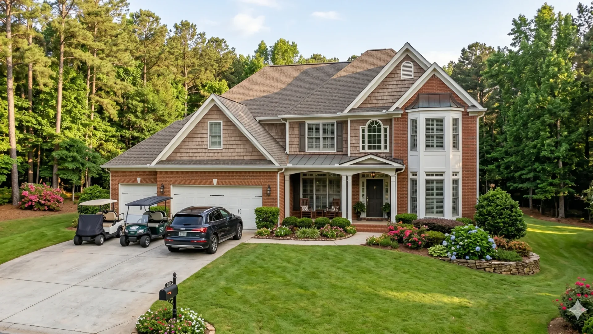 A brick and stone two-storey house on a wooded lot with cars parked on the driveway