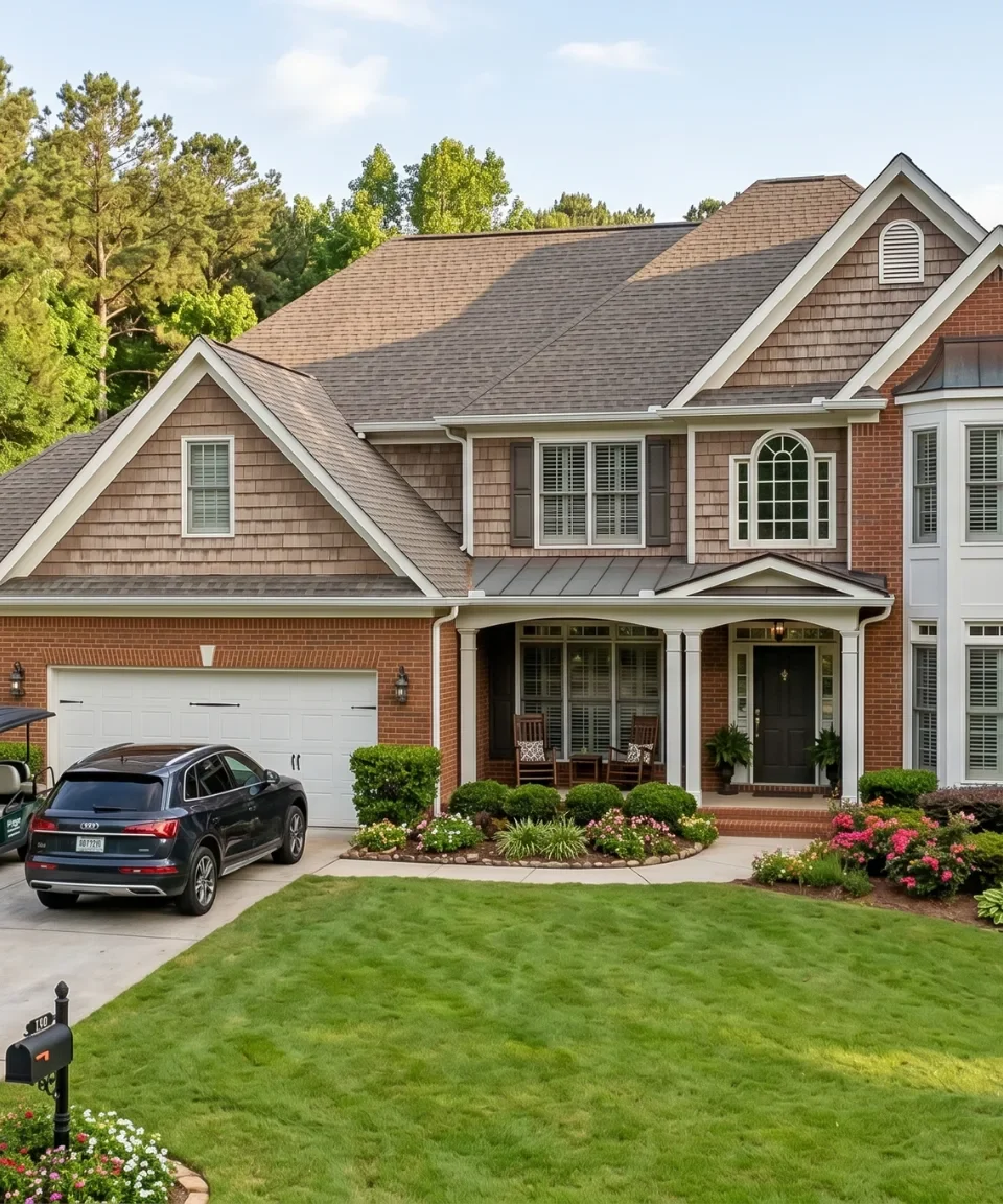 A brick and stone two-story house on a wooded lot with cars parked on the driveway