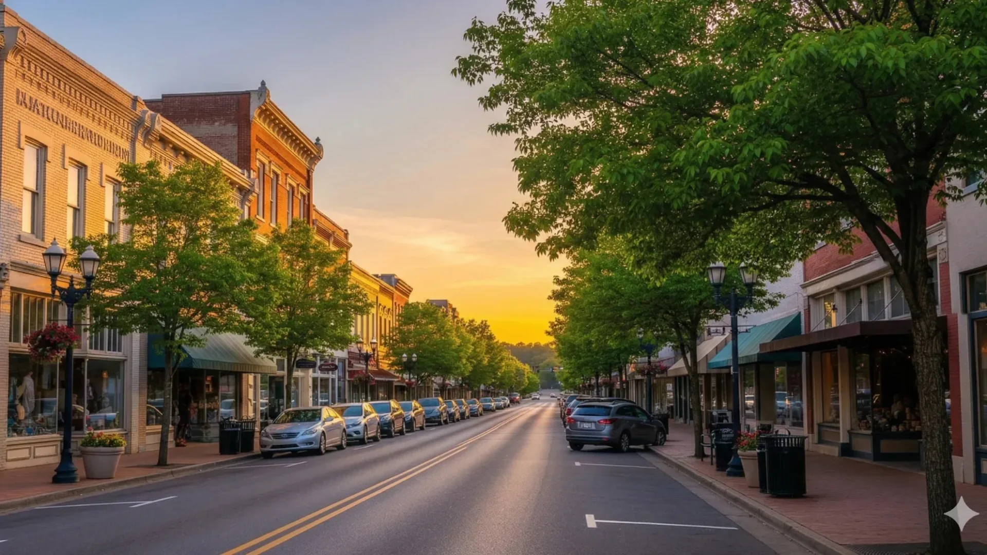 A row of two-storey brick storefronts on a small-town main street at sunset