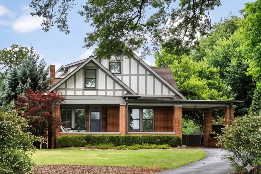 A brick and timber Tudor bungalow under mature trees behind a curved drive