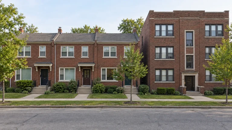 A row of modest brick townhomes standing directly beside a small three story walk up apartment building of the same era, both fronting a plain sidewalk with young street trees