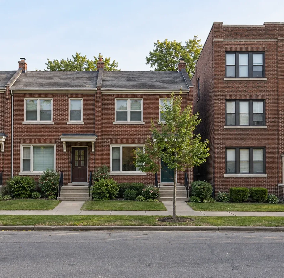 Modest brick townhomes beside a small walkable building