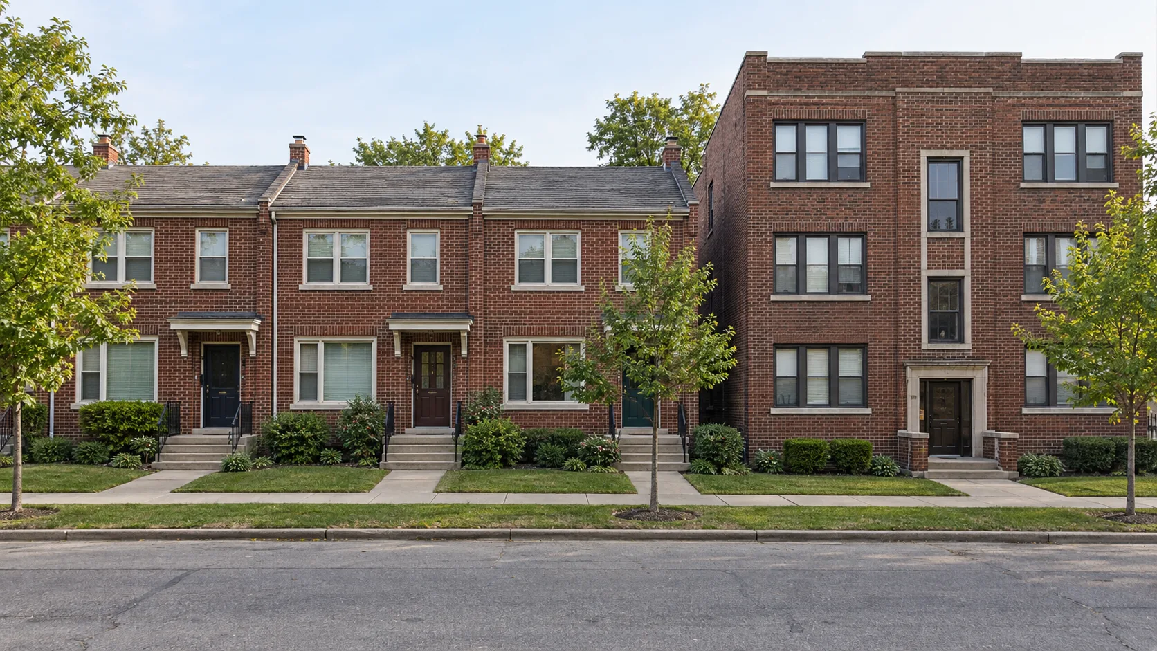 A row of modest brick townhomes standing directly beside a small three story walk up apartment building of the same era, both fronting a plain sidewalk with young street trees