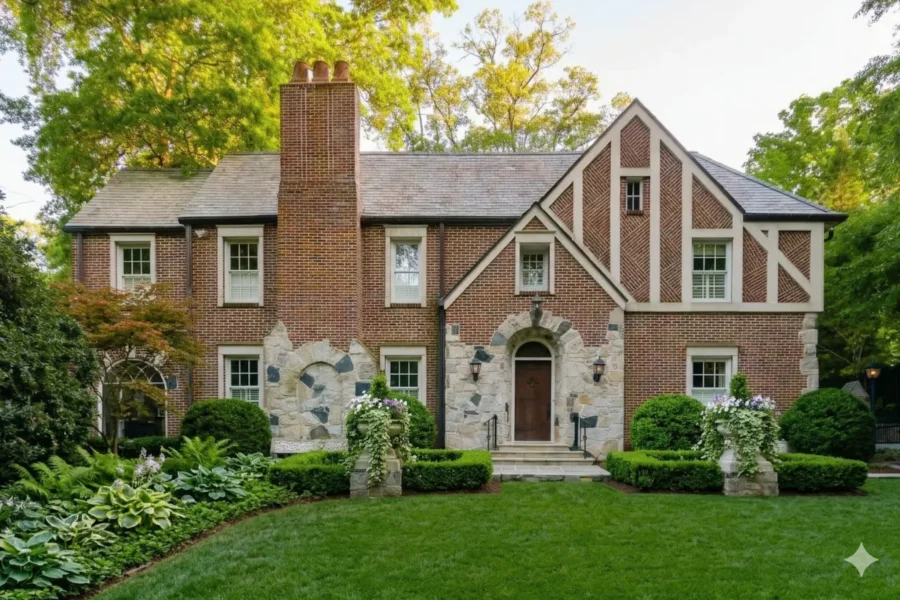 A brick Tudor house with half timbering and an arched entry behind clipped hedges