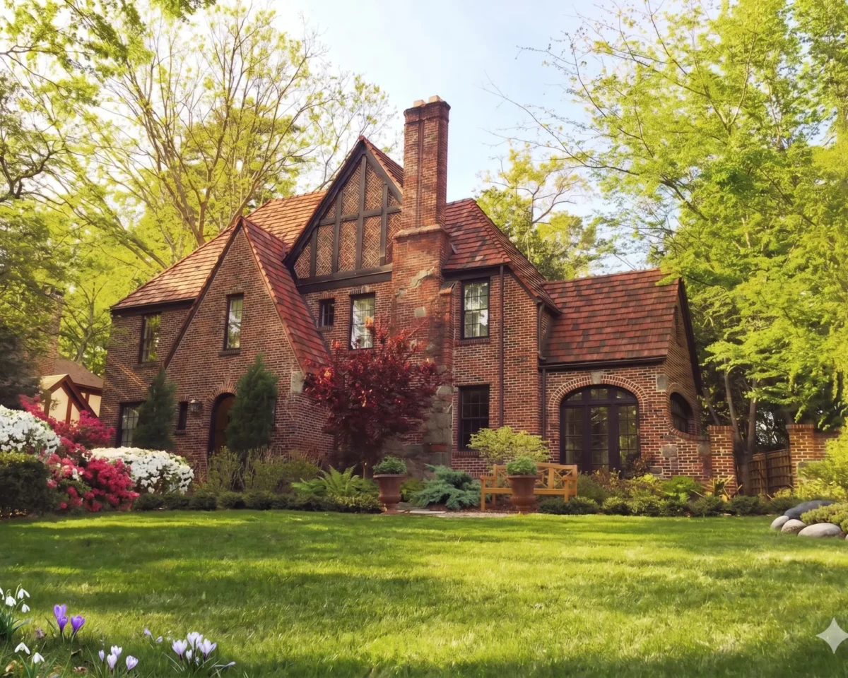 A brick Tudor house with a steep clay tile roof and a tall chimney above a spring lawn