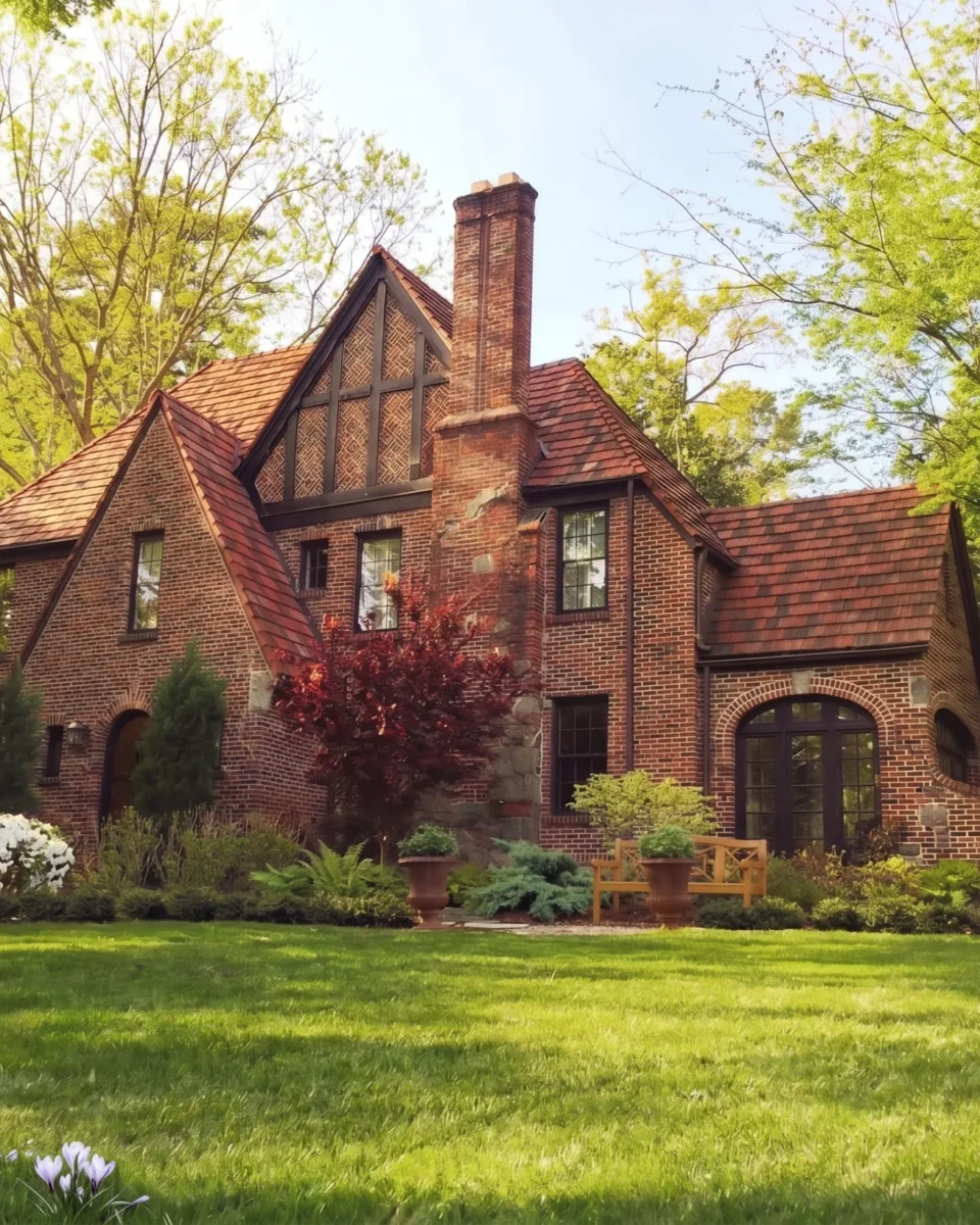 A brick Tudor house with a steep clay tile roof and a tall chimney above a spring lawn