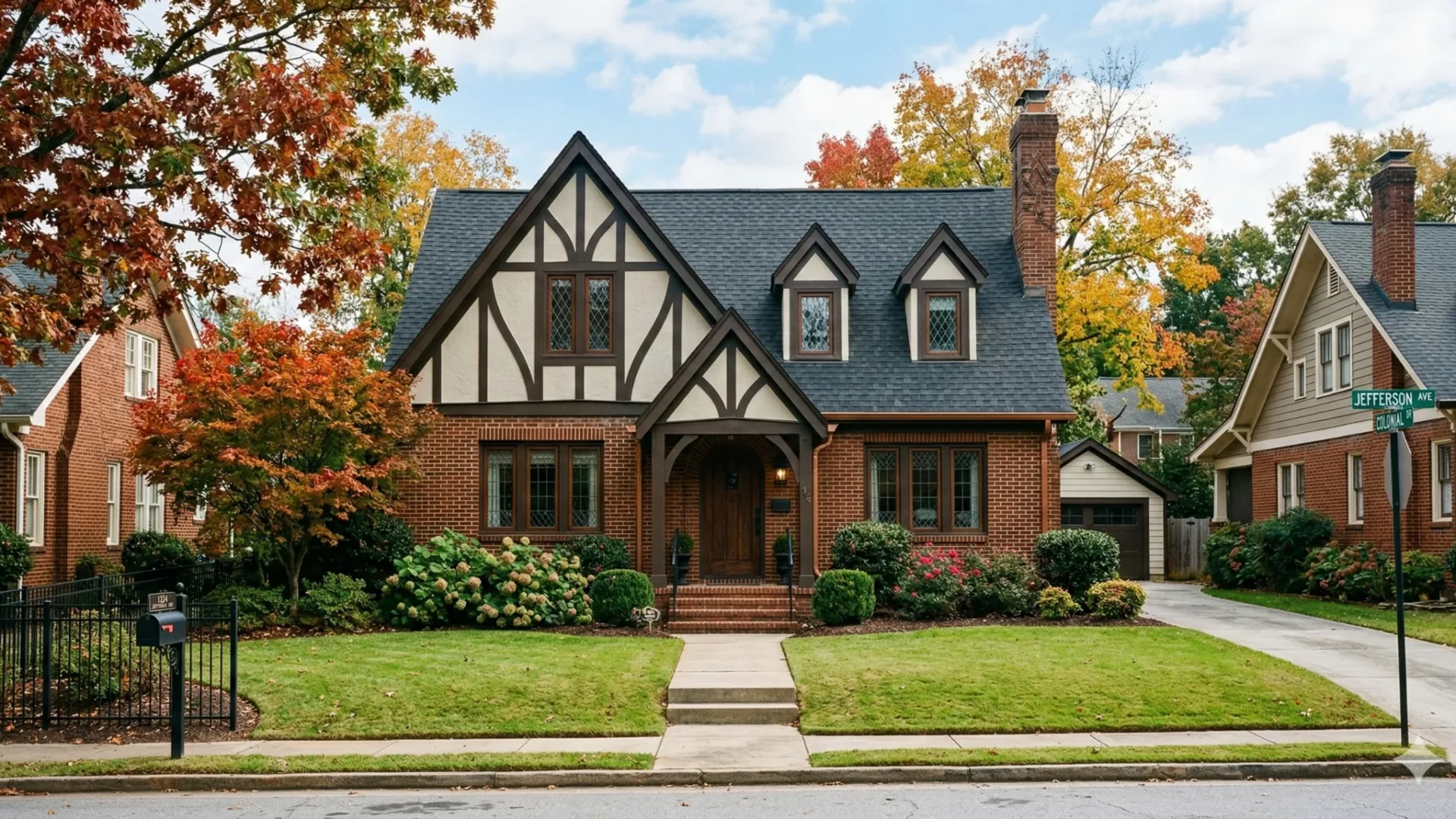 A brick Tudor house with half timbering under autumn trees