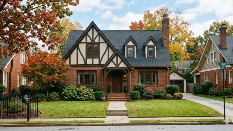 A brick Tudor house with half timbering under autumn trees