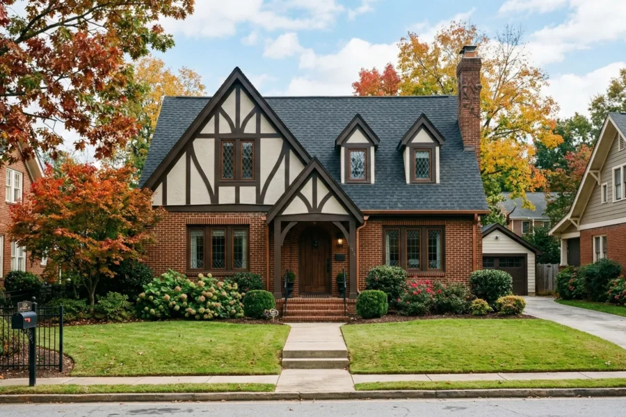 A brick Tudor house with half timbering under autumn trees