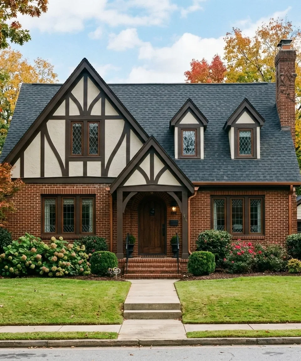 A brick Tudor house with half timbering under autumn trees