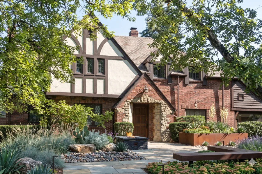 A brick Tudor house with a rounded entry arch above a gravel and grass garden