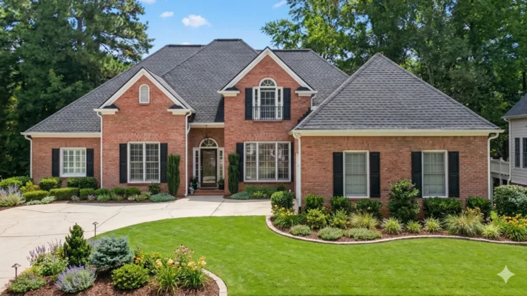 A brick two-storey house with a landscaped island bed in the front lawn