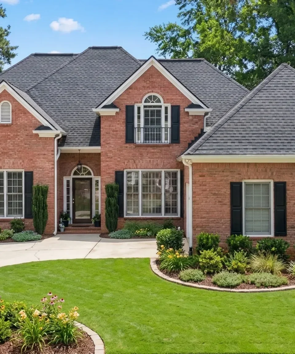 A brick two-story house with a landscaped island bed in the front lawn