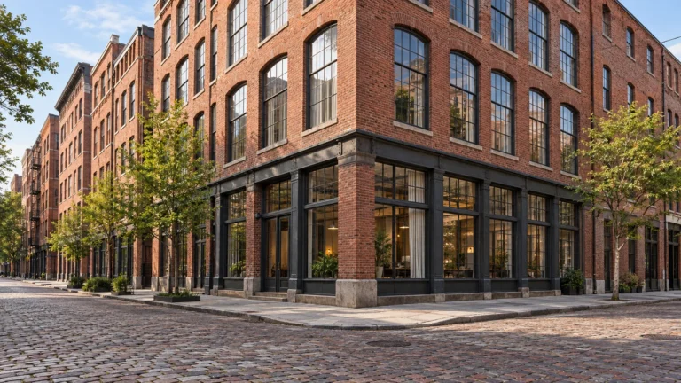An old brick warehouse building on a street corner converted to lofts, with tall arched factory windows, dark steel storefronts and a cobbled street