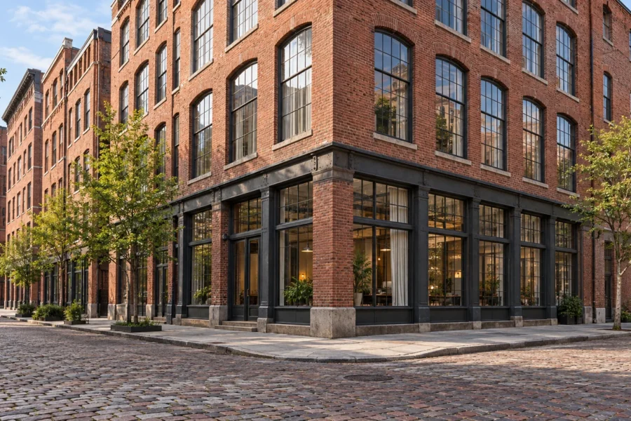 An old brick warehouse building on a street corner converted to lofts, with tall arched factory windows