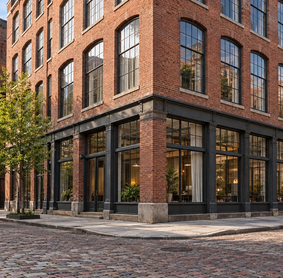 An old brick warehouse building on a street corner converted to lofts, with tall arched factory windows