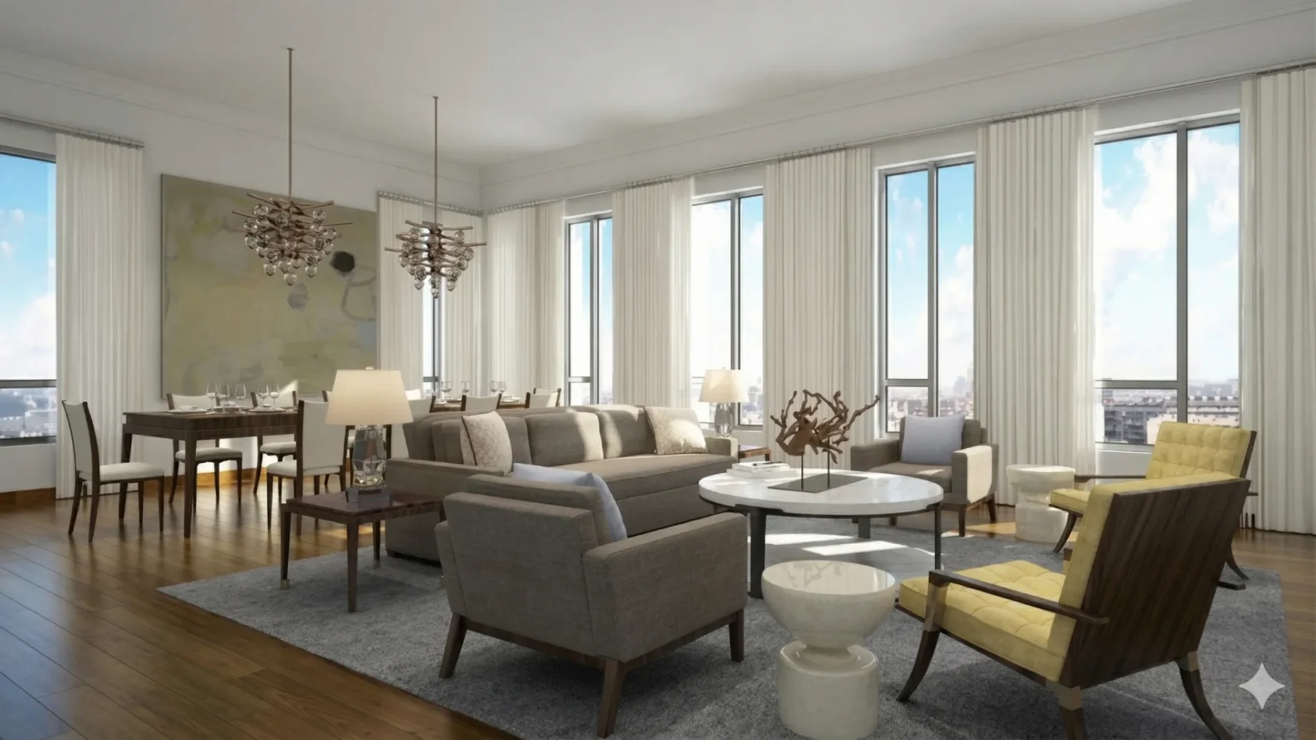 A bright living room with floor-to-ceiling windows and pale furnishings