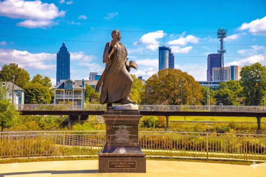 A bronze statue on a stone plinth beside a park path with the Atlanta skyline behind