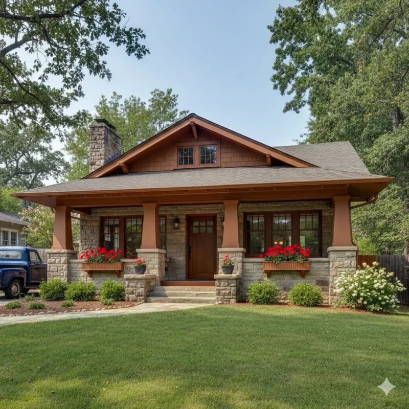 A brown Craftsman bungalow with stone porch columns and window boxes