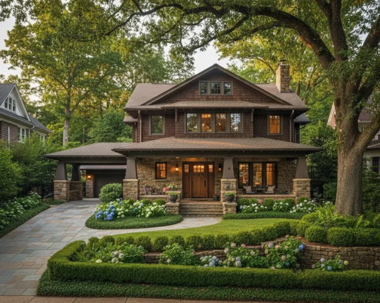 A brown shingled Craftsman house lit from within at dusk under mature trees