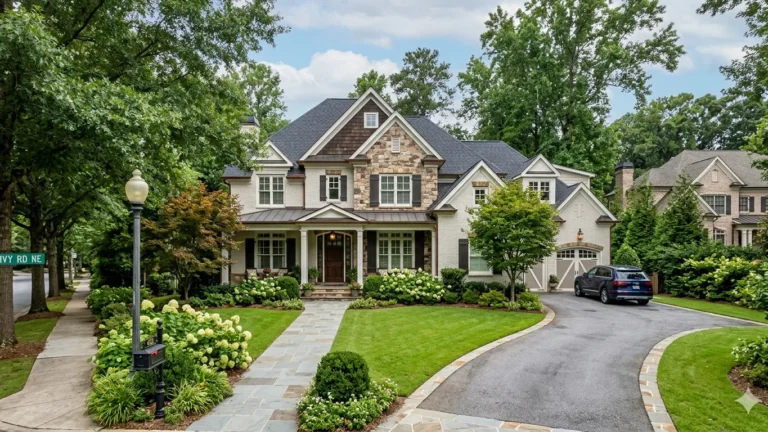 Tree-lined Buckhead street with a green Ivy Road NE sign and a sidewalk