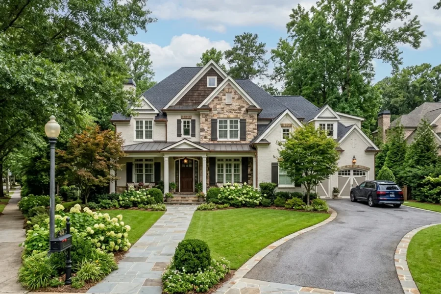 Tree-lined Buckhead street with a green Ivy Road NE sign and a sidewalk