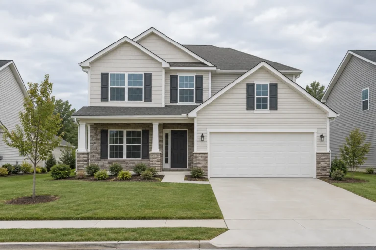 A newer builder grade suburban house in vinyl siding and stone veneer with a two car garage and young landscaping under flat daylight