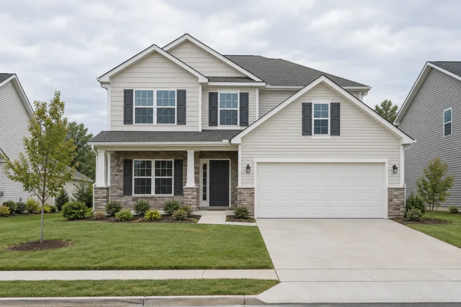 A newer builder grade suburban house in vinyl siding and stone veneer with a two car garage and young landscaping under flat daylight