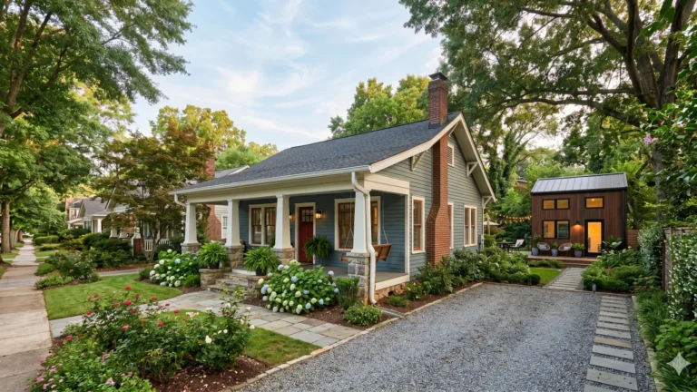 A bungalow with a detached accessory dwelling at the end of a gravel drive