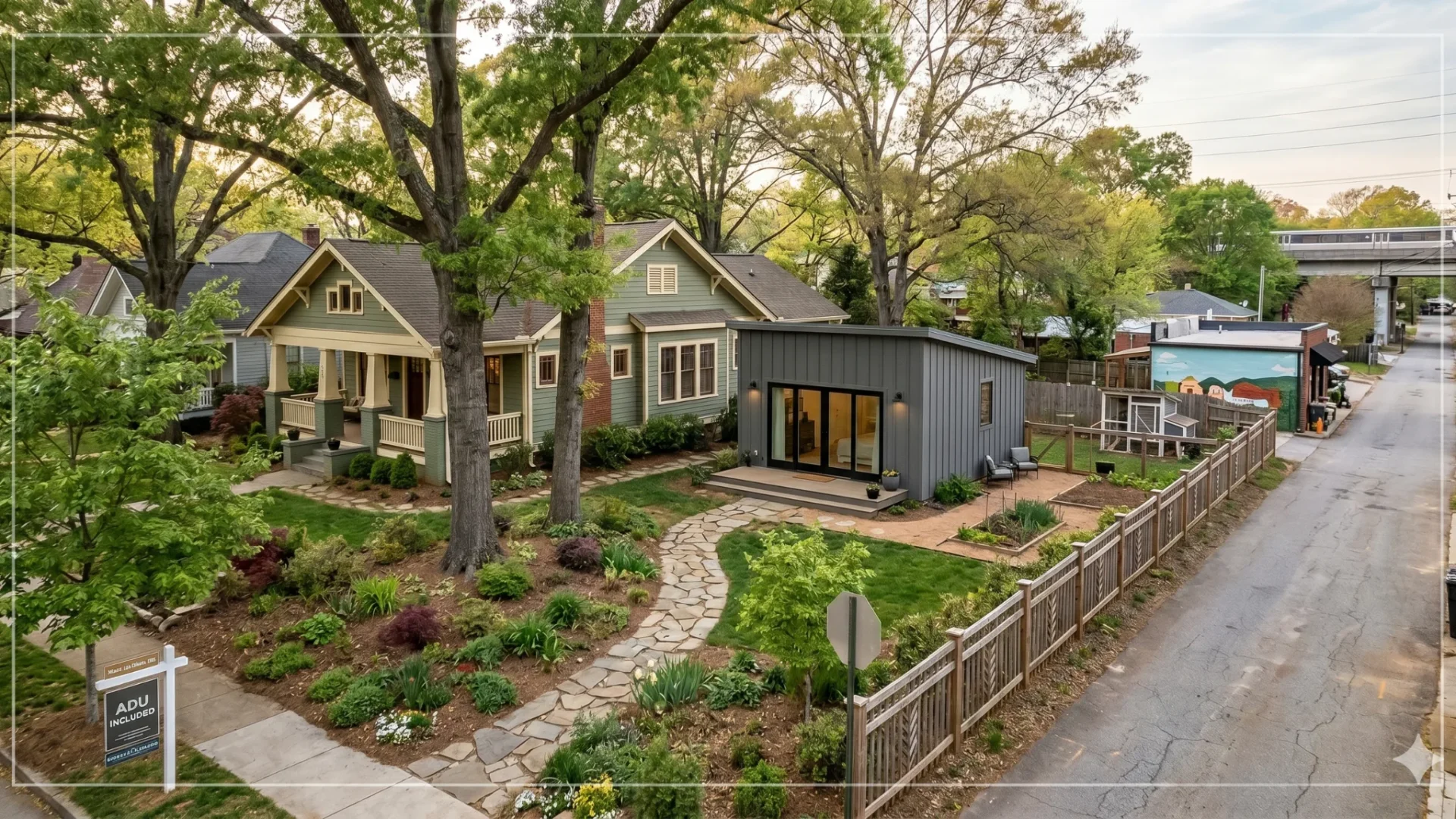 A bungalow with a modern accessory dwelling behind it at the end of a shared drive