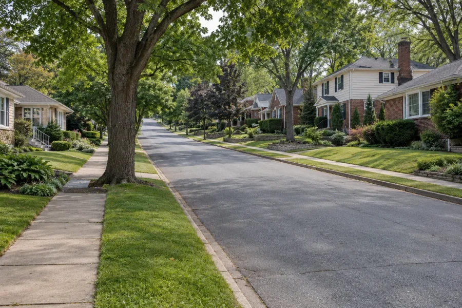 A calm residential street of mixed housing, with single storey ranch homes on one side and two storey brick and siding homes on the other, under even midday light