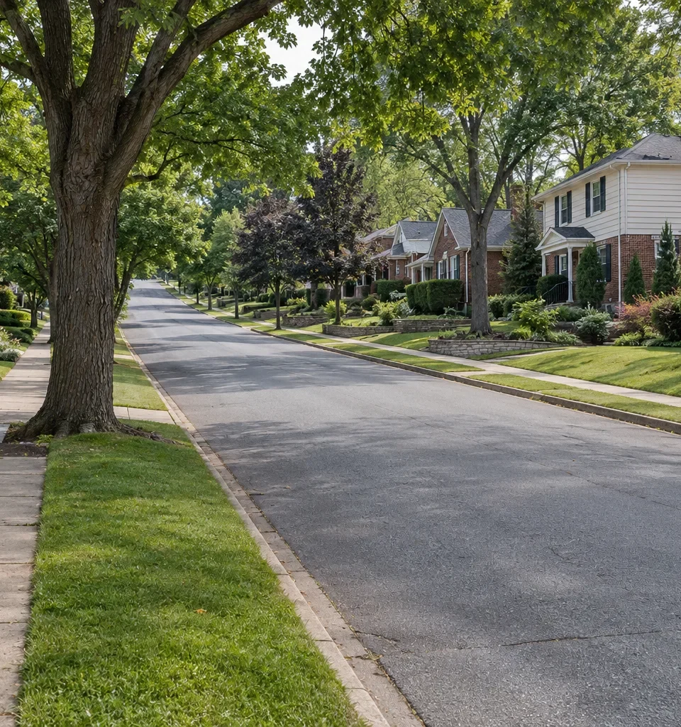 A calm residential street of single story ranch homes and two story houses