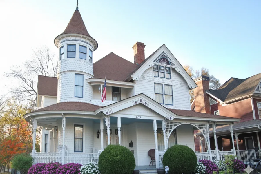 White Victorian with a turret, a wrap porch and a flag