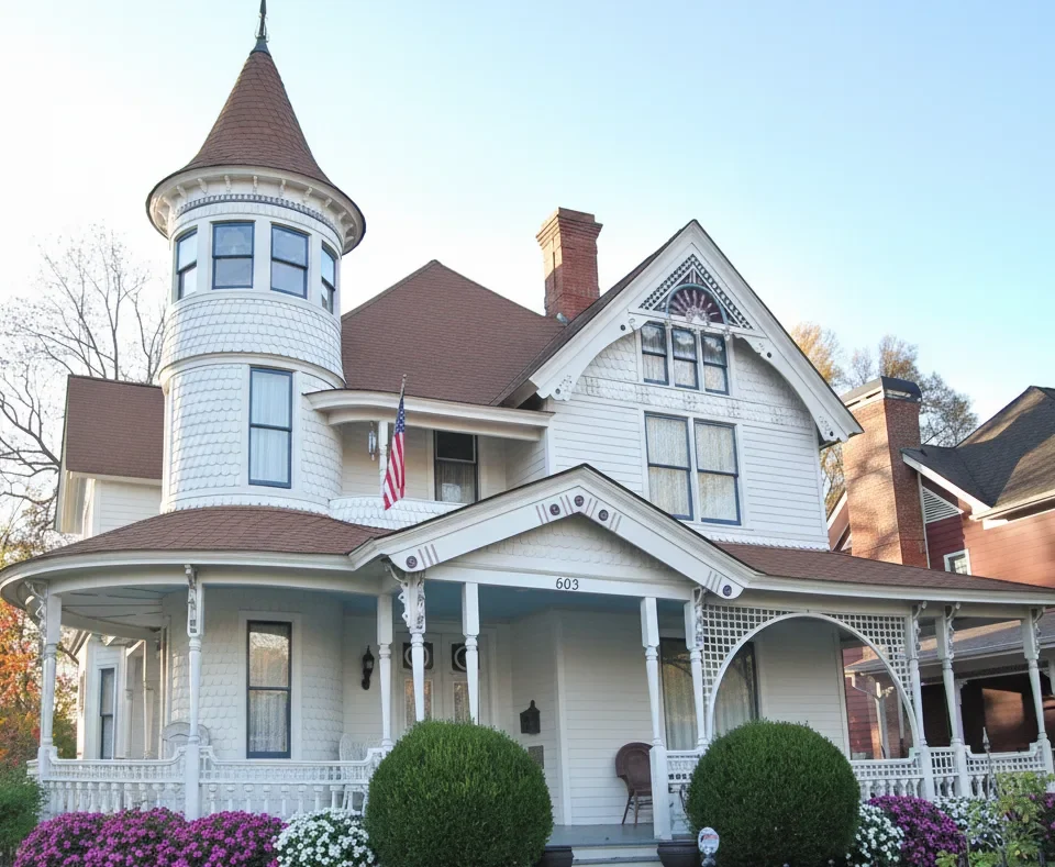 White Victorian with a turret, a wrap porch and a flag