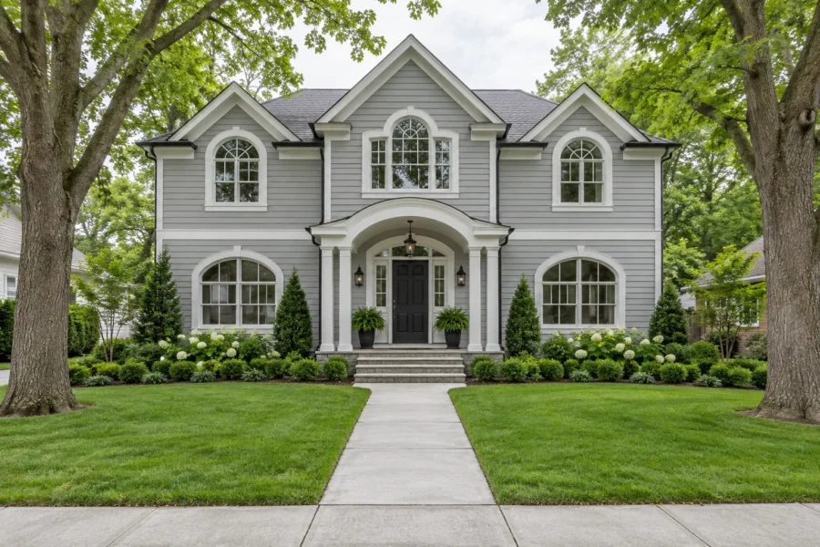 A grey and white two storey house with arched front windows and white trim, set back behind a level lawn and mature hardwood trees